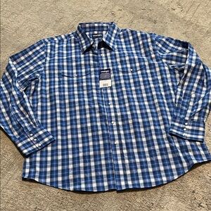 NWTs Wrangler Men's Blue/White plaid Snap Front Shirt Sz XXL 1 Yr Warranty